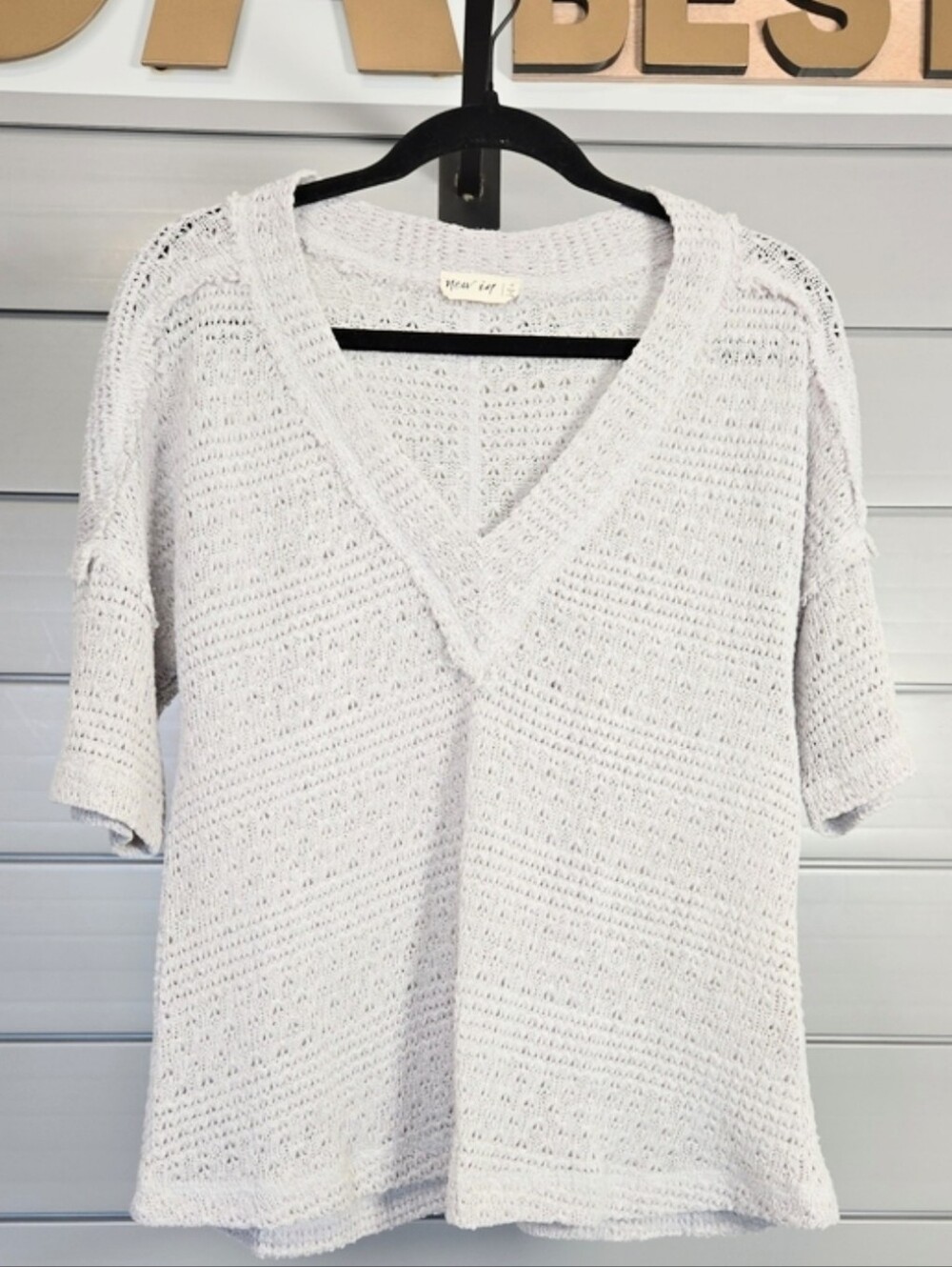 New In Light Gray Open-Knit V-Neck Short Sleeve Top